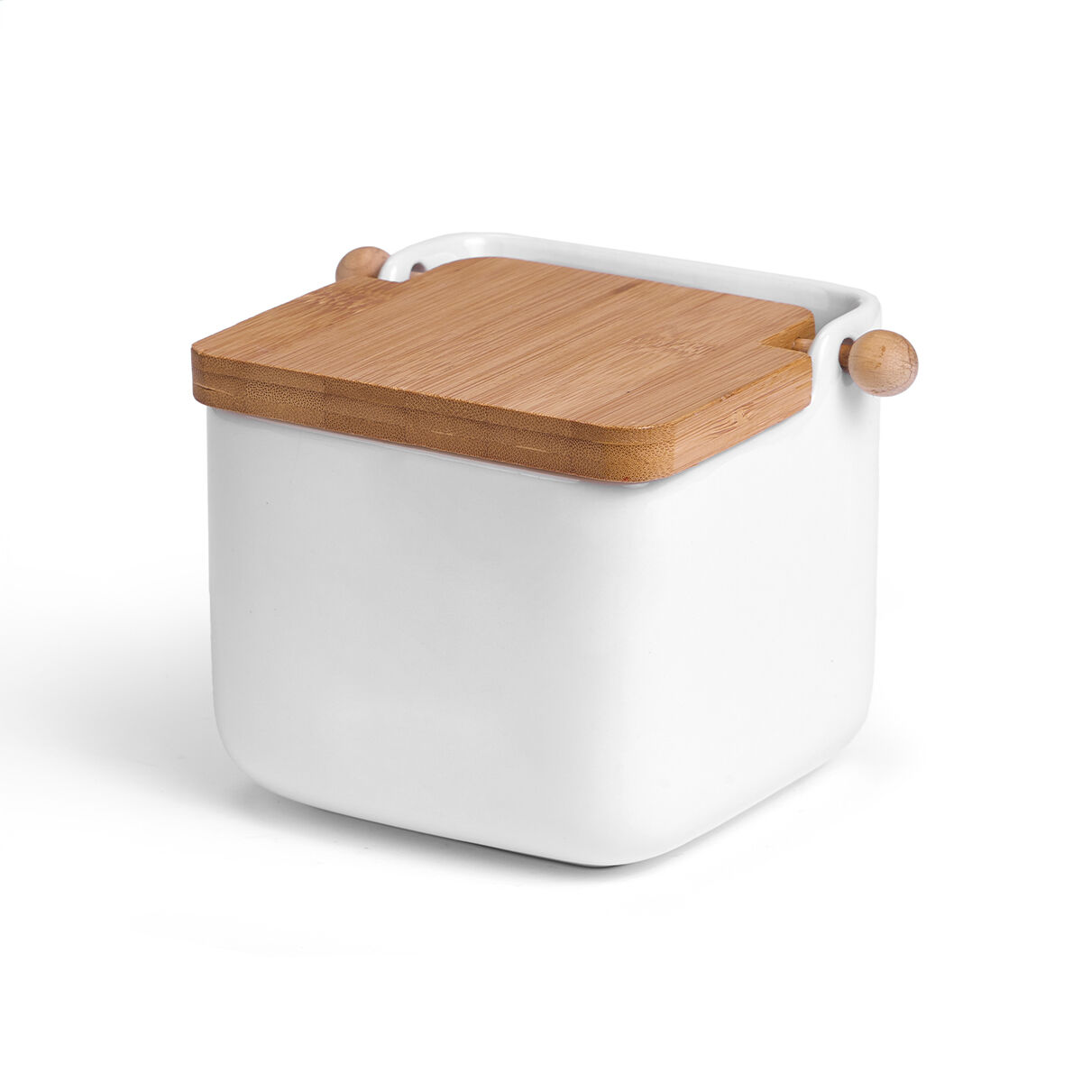 Saleiro branco de cerâmica com tampa em bambu