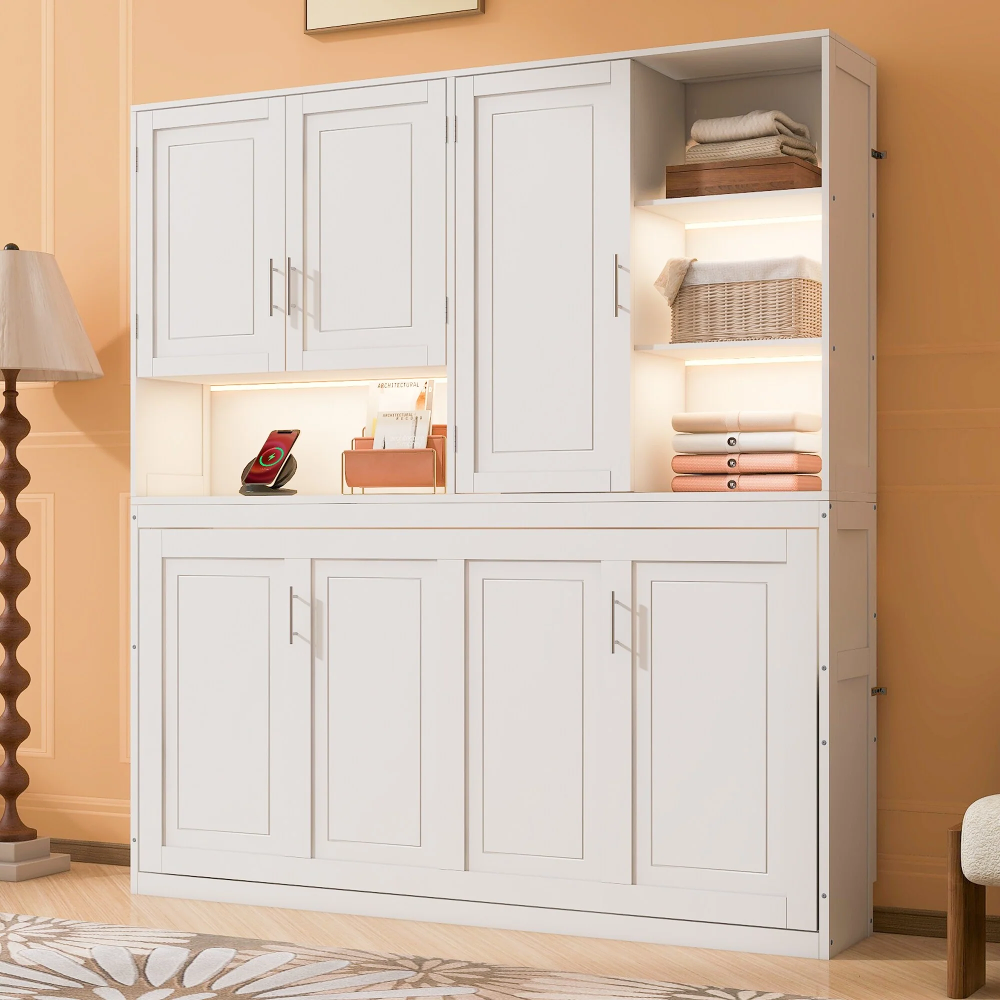 Twin/Full Size Murphy Bed Wall Bed with Top Cabinet, Shelves, Light, USB, and Storage, Space-Saving Foldable Design