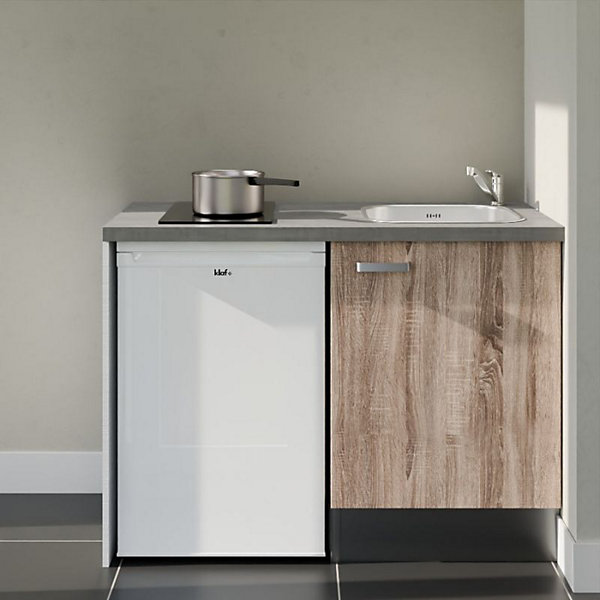 Kitchenette K08 façades Bois - Plan de travail Gris béton - Crédences : Non - Evier inox - Electroménager Blanc inclus