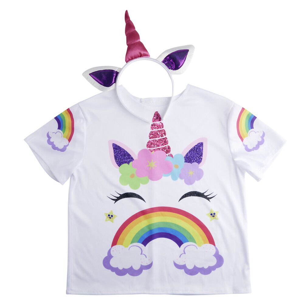 Déguisement enfant licorne avec t-shirt et serre-tête blanc (4/6ans ou 7/10)