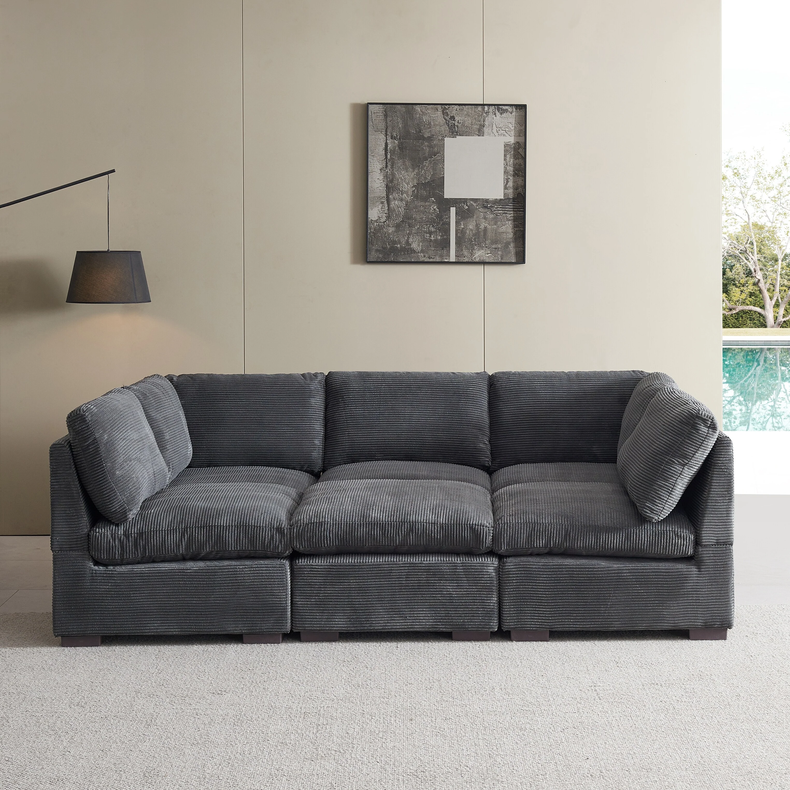 Grey 129'' Luxurious 6-Seat Modular Sofa with Convertible Chaise and Quality Corduroy Upholstery