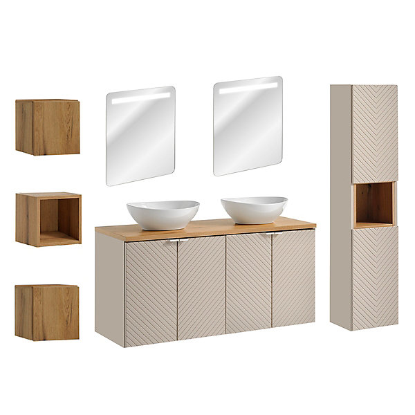 Ensemble meuble double vasque 120cm 4 portes miroirs LED colonne et 3 armoires murales Manoa Cachemire et Bois