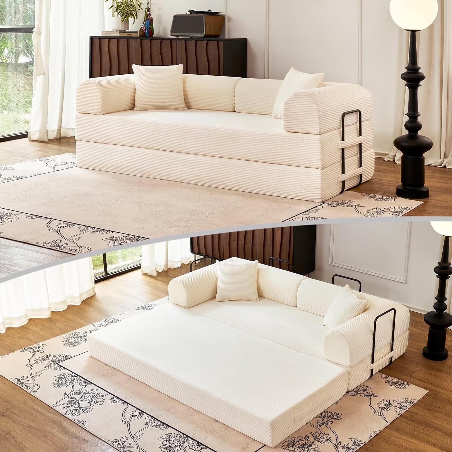 79'' Folding Convertible Sofa, Corduroy Modular Floor Couch with Pull Out Bed, 5-in-1 Sleeper Sofa Bed, No Assembly Space Saving Guest Sofa for Living Room Bedroom Apartment Lounge (Beige White) | High Backrest, No Assembly, Convertible Sofa, Space-S