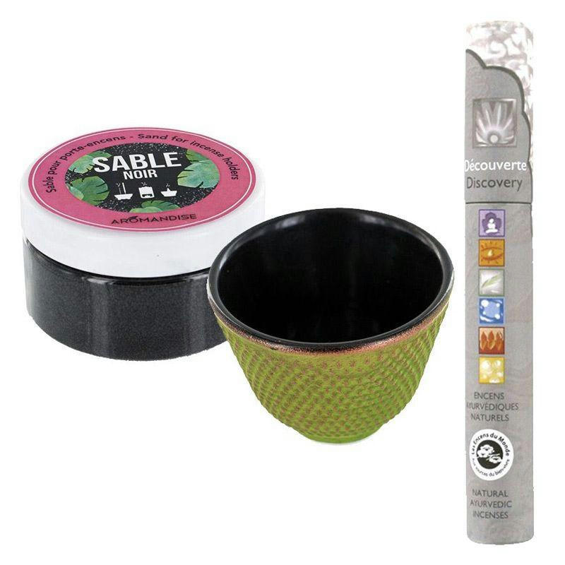 ZEN - Porte-encens coupelle fonte verte et sable noir + encens ayurvédique