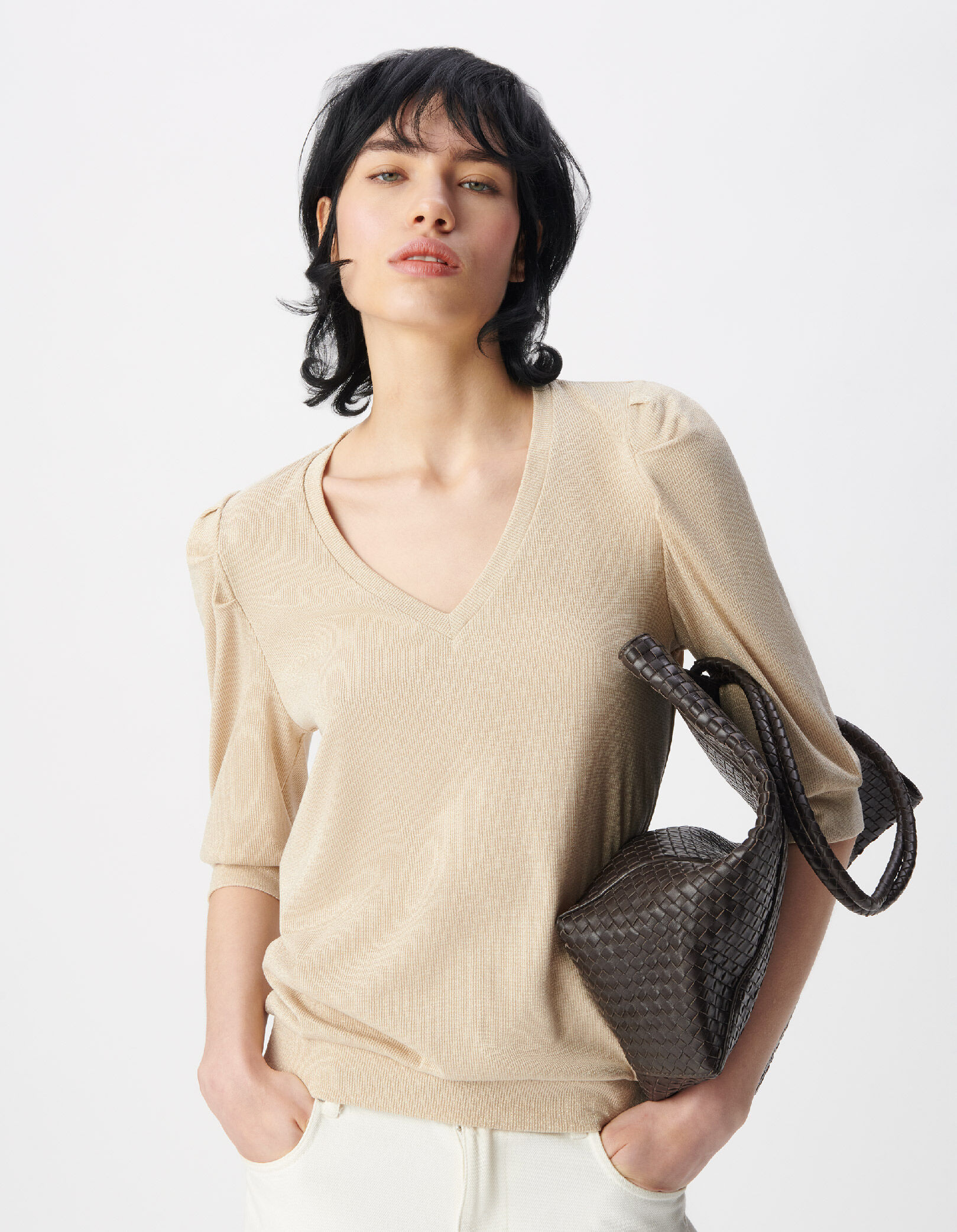 Tee-shirt col V argenté maille côtelée à épaulettes Femme
