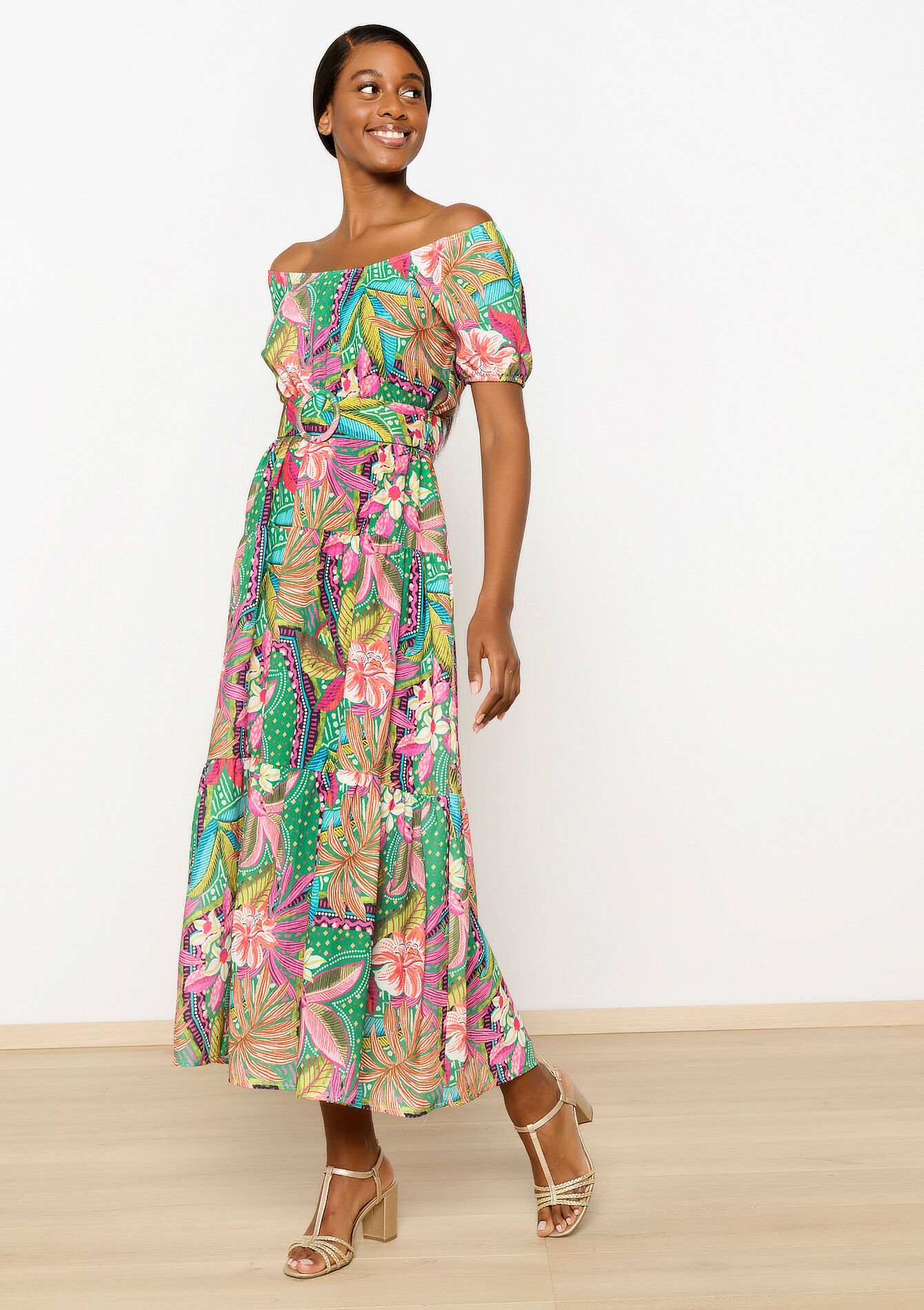 Off-shoulder jurk met tropische print