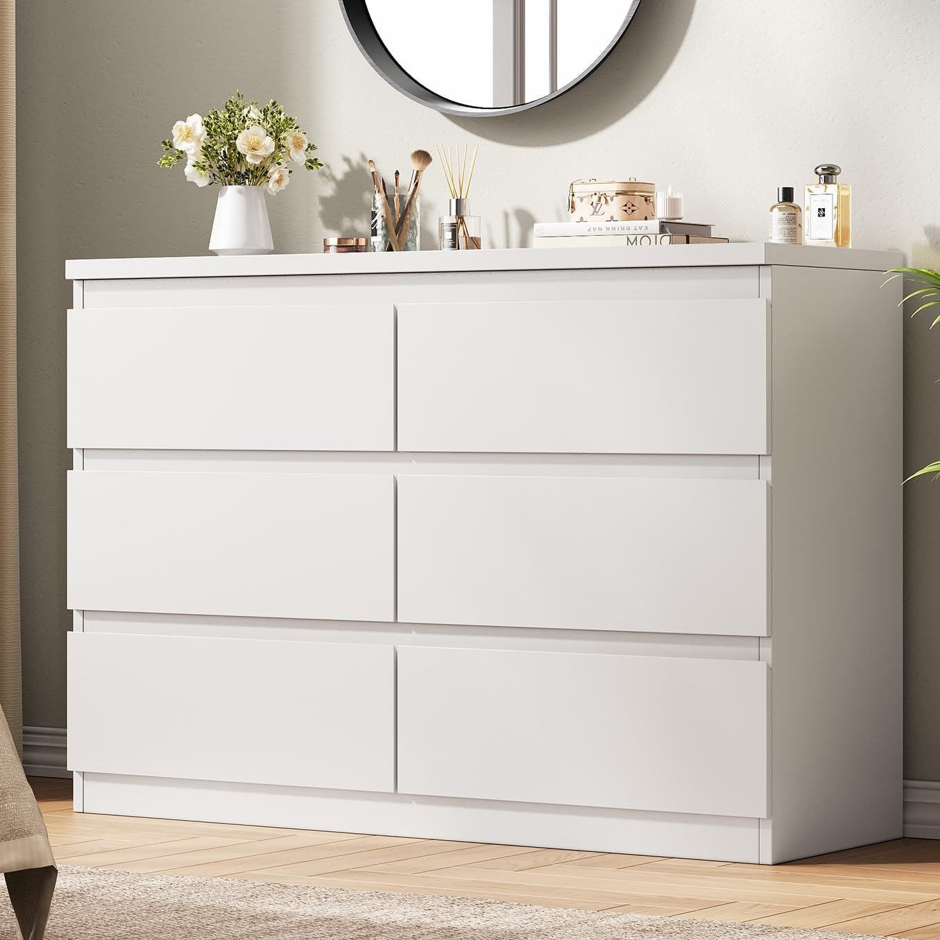 Jocoevol White 6 Drawer Dresser for Bedroom, 15.3 D x 47.2 W x 32.3 H in Simply Modern Chest of Drawers, Wood Storage Double Dresser with Deep Drawers for Living Room, Hallway Entryway, White