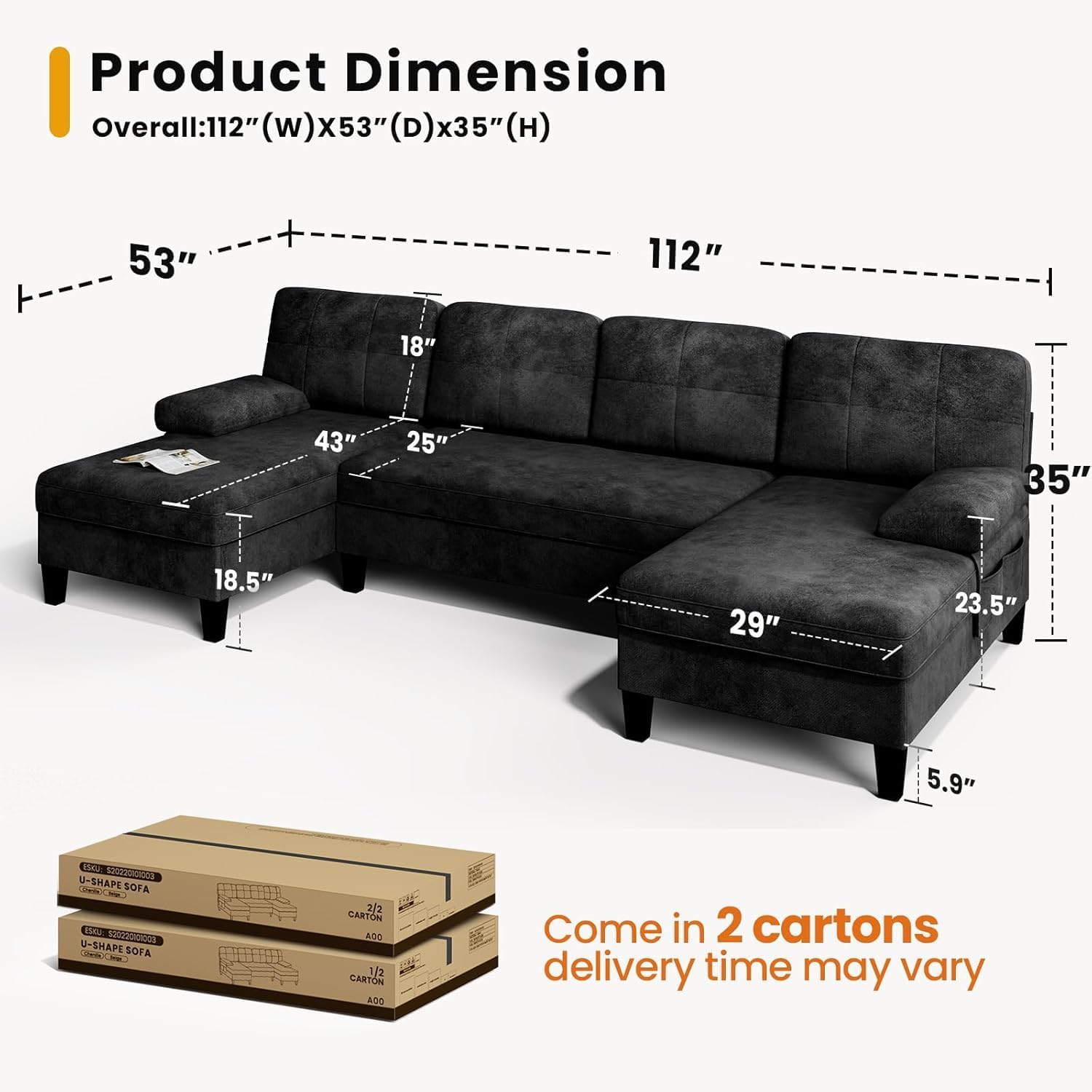 KKL Sectional 112 Inches Sofa Couch - 4 Seater U Shape Convertible Soft Couch with Side Storage for Living Room, Home Sofas with Chaise, Modern Couches for Apartment, Meeting Room Furniture, Bedroom
