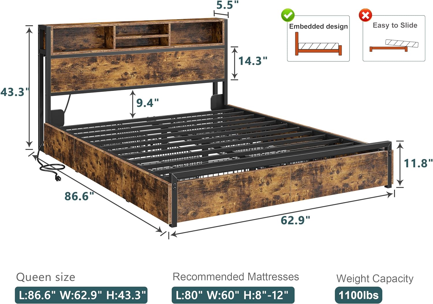 EnHomee Queen Bed Frame with 6 Storage Drawers, Bed Frame Queen Size with Headboard & Charging Station, No Noise,No Box Springs Needed,Vintage Brown