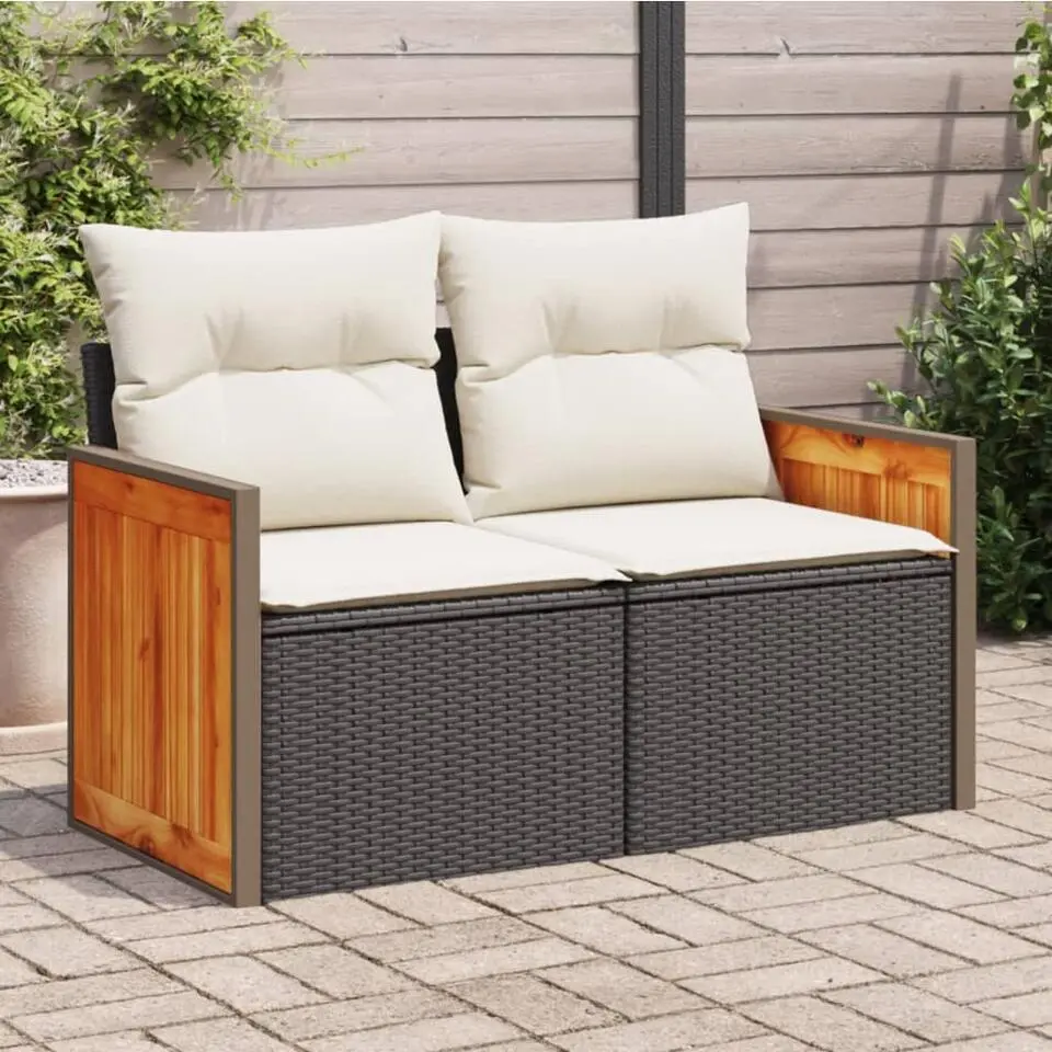 vidaXL - Tuinbank 2-zits - Zwart - Poly rattan - Met kussens
