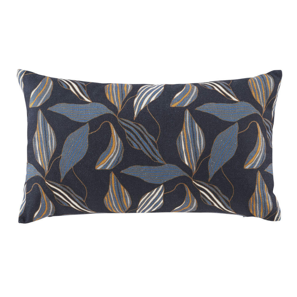 ALBORG - Coussin motifs feuilles gris, gris anthracite, jaune moutarde et écrues 50x30