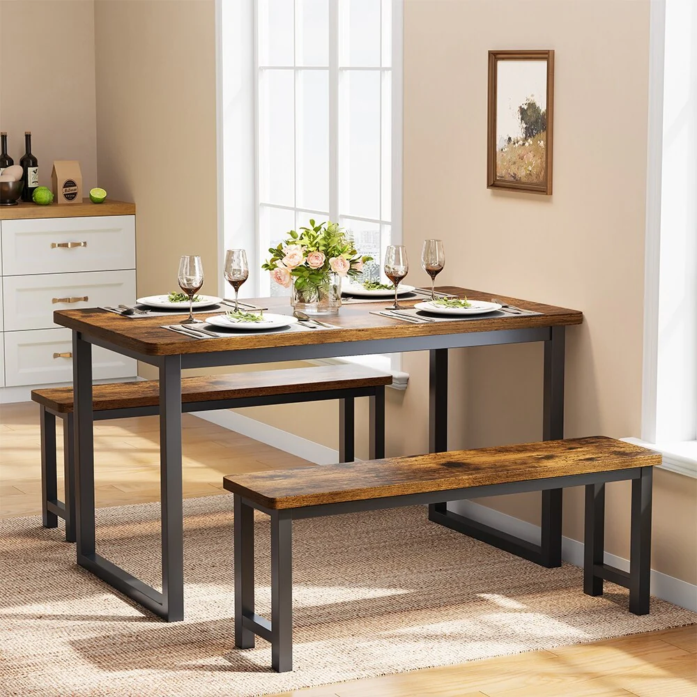 Farmhouse Dining Table Set with 2 Benches, 3-PieceTable Set