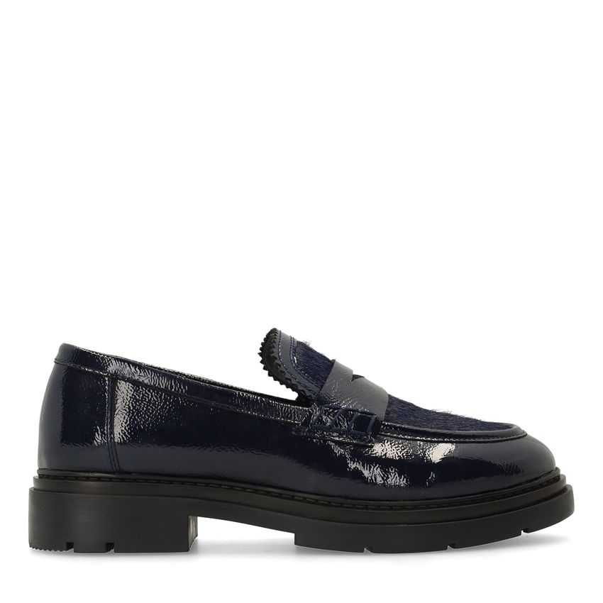 Manfield Donkerblauwe lakleren loafers met pony hair