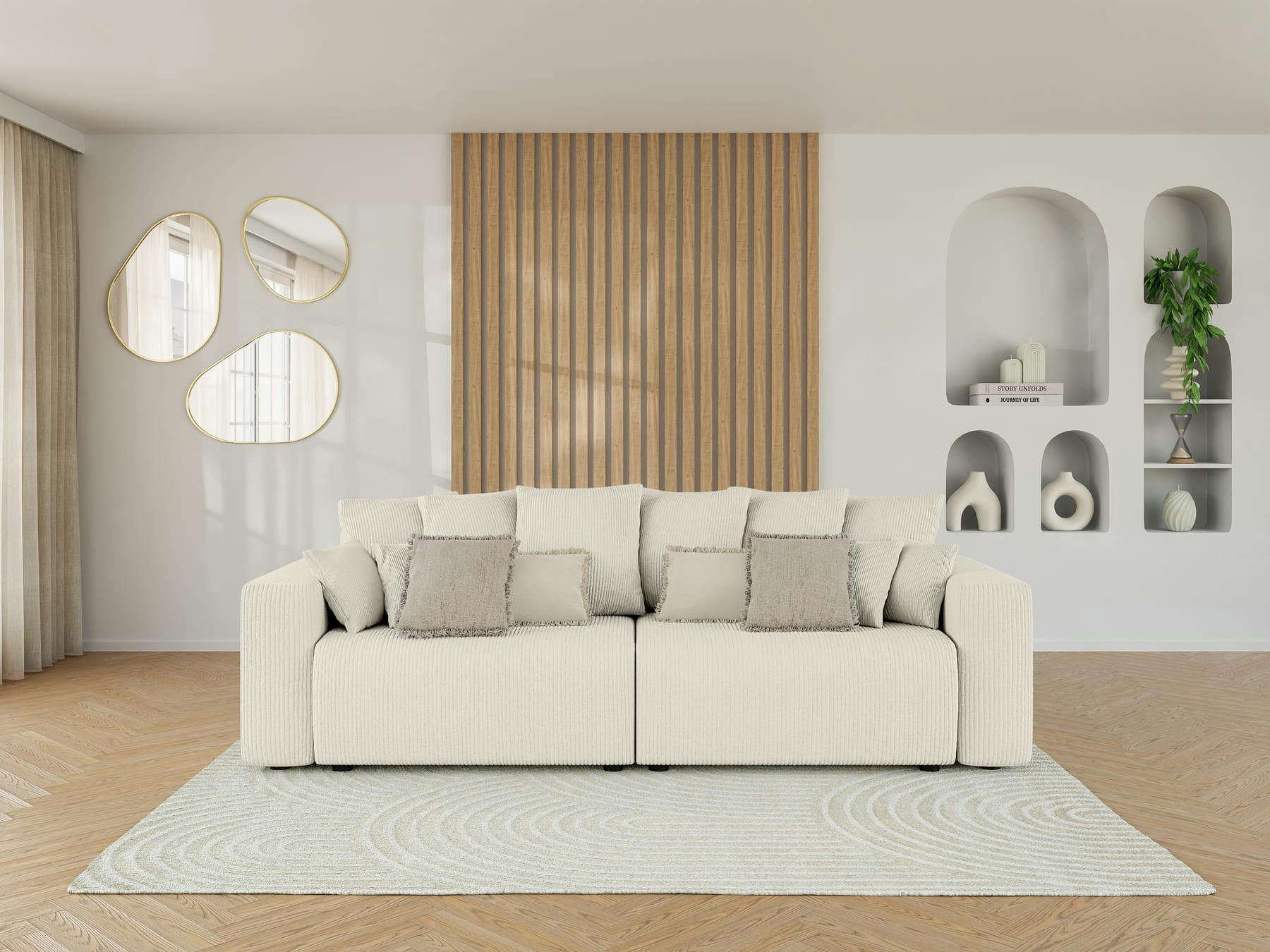 LEA - Canapé droit convertible en velours côtelé 3 places beige