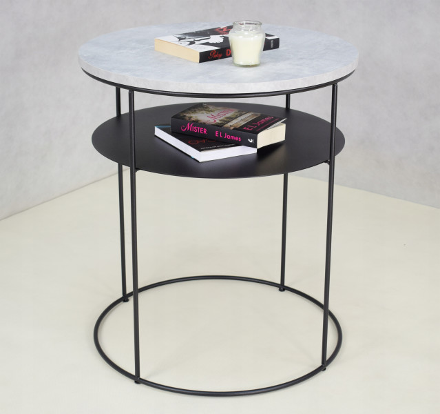 Okrągły Stolik Kawowy z Półką Loft Metal 55x55x63 Czarny Beton Jasny