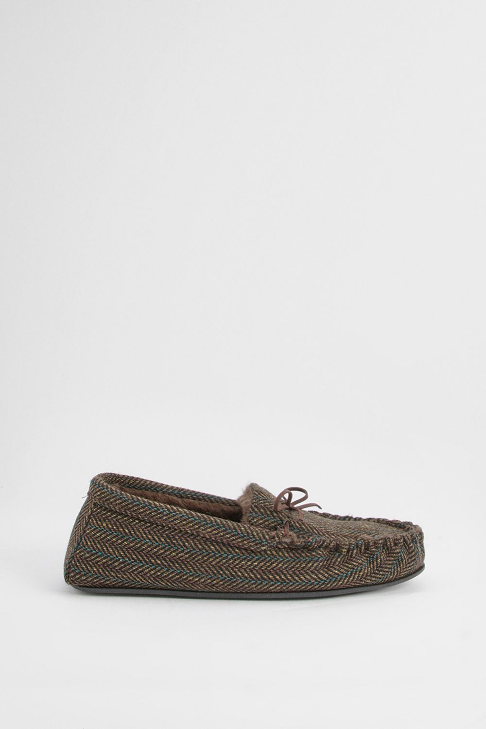 Maine Dark Brown Herringbone Faux Fur Lined Moccasin Slippers