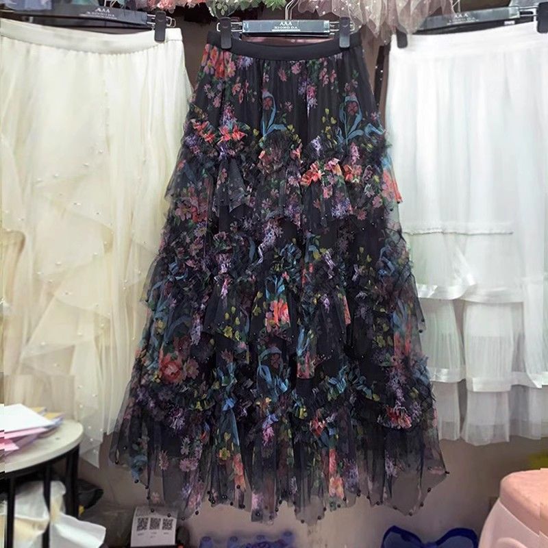PEACH ACCESSORIES Floral Tiered Tulle Maxi Skirt with Pearl Trim