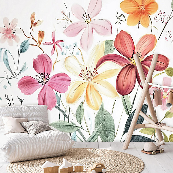 Papier Peint Enfant Fleurs Colorée Intissé Panoramique 400x280 cm - Colle Inclus - Moderne Papier Peint pour Chambre Enfant