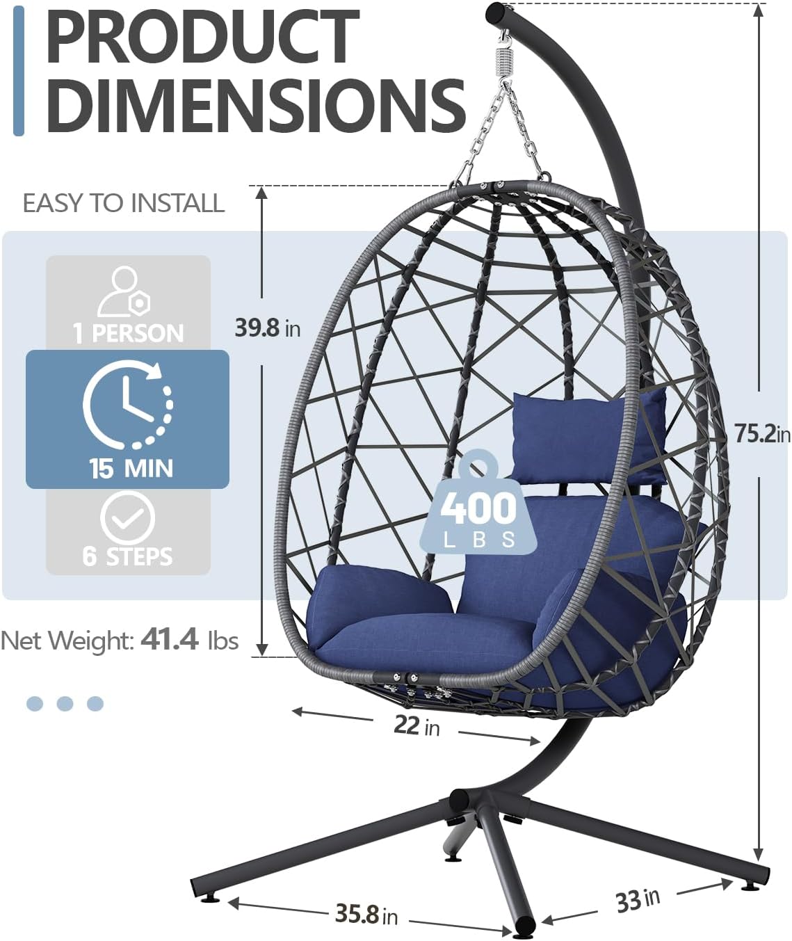 SWITTE Hanging Egg Chair with Stand, Outdoor Indoor Rattan Wicker Egg Swing Chair with Cushion, Heavy Duty Patio Hammock Chairs for Garden Backyard Balcony Bedroom, 400LBS Capacity, Dark Blue