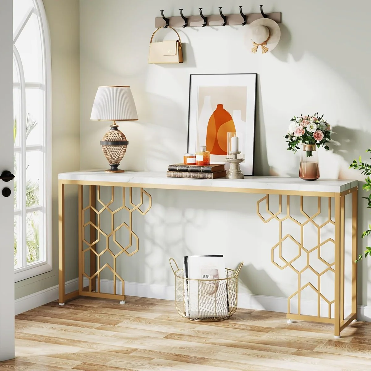 Modern Console Table, 70.87 White adn Gold Entryway Table for Living Room