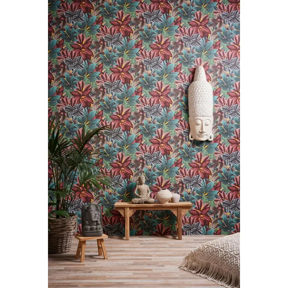 Livingwalls behang jungle-motief meerkleurig, blauw, roze, groen en geel