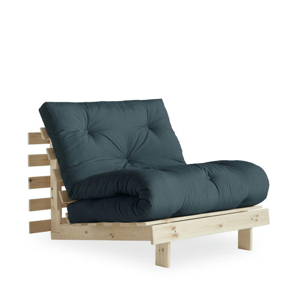 ROOTS - Fauteuil convertible 90x200cm en bois naturel et tissu bleu pétrole