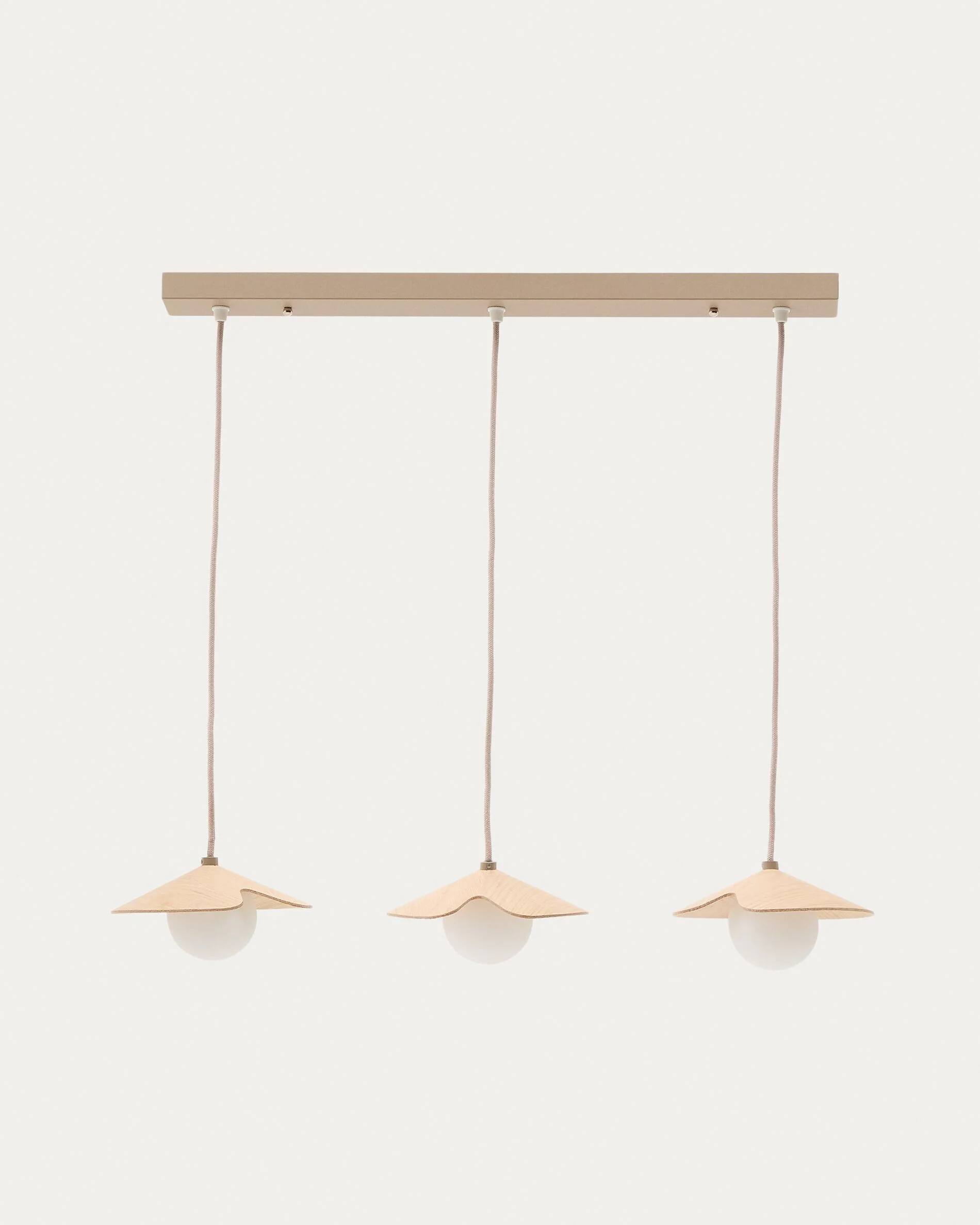 Wilara oak veneer ceiling lamp with 3 white smoked glass balls