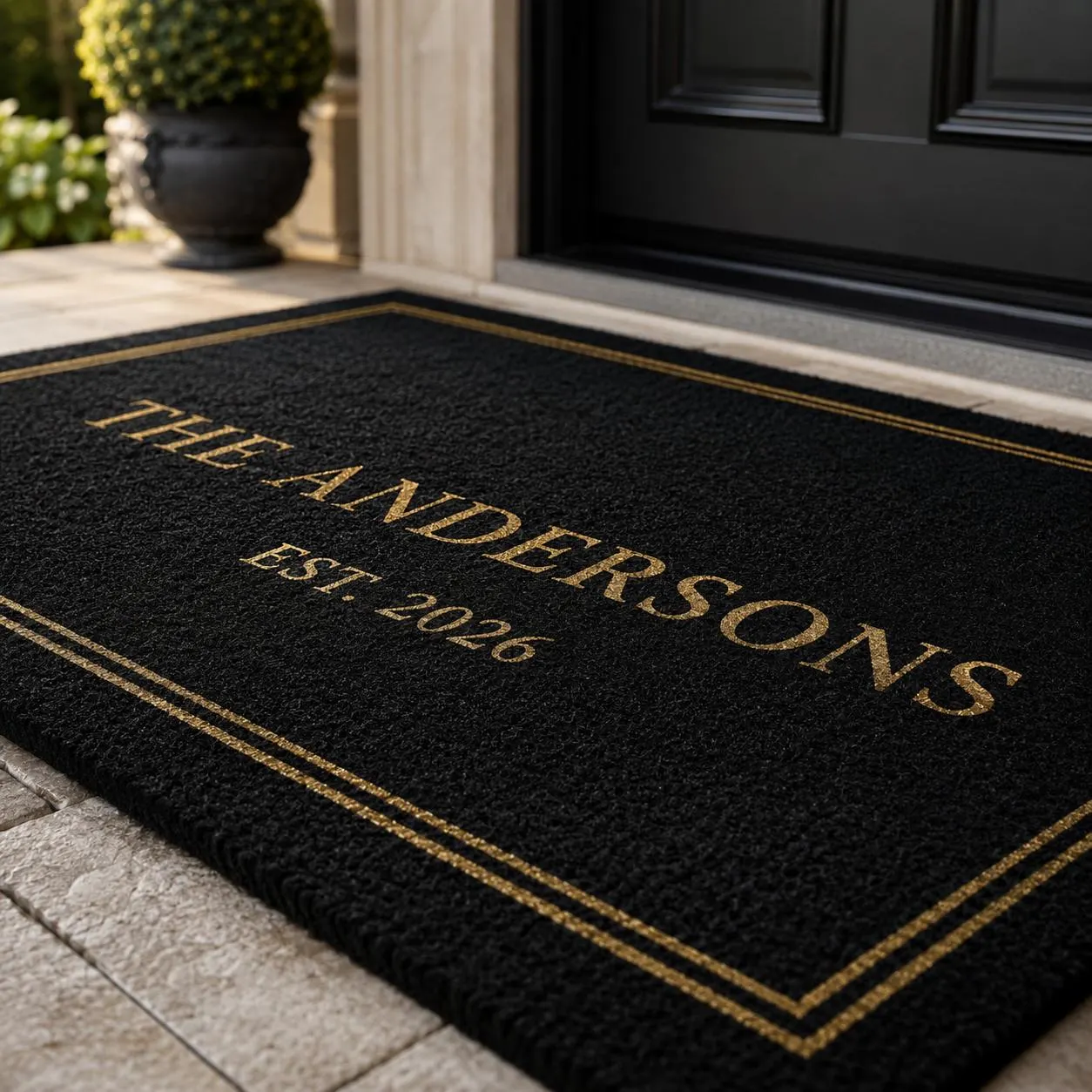 Personalized Black Gold Doormat, Custom Family Name Faux Coir Mat with Est Year, Housewarming Wedding Gift