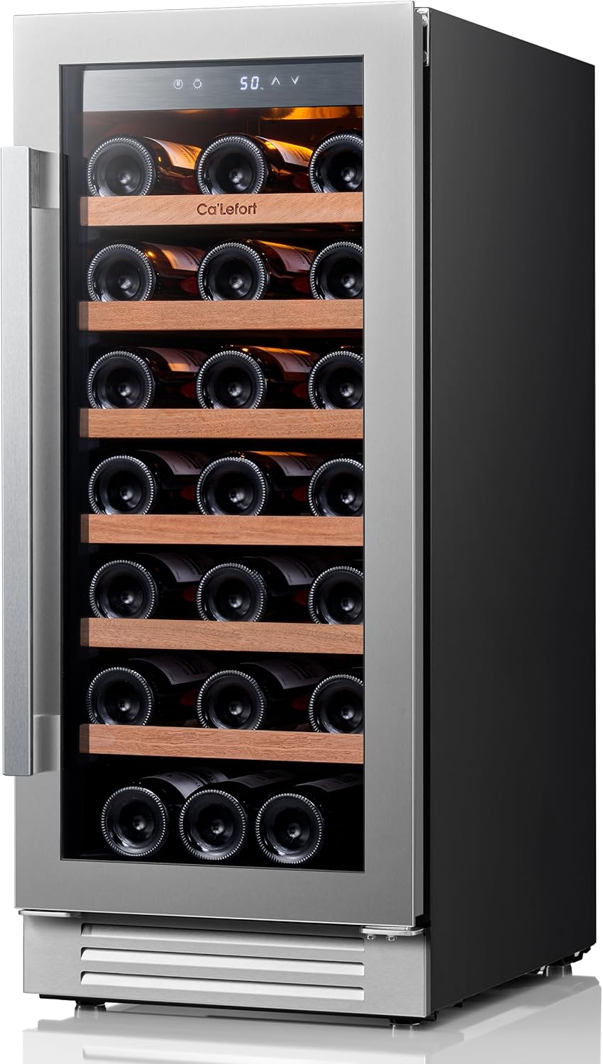 Ca'Lefort 15 Inch Wine Fridge, 33 Bottles 40-65°F Wine Cooler, Adjustable Shelves & 3 LED Light, Wine Refrigerator with Glass Door, Built-in Under Counter Freestanding for Home/Kitchen/Bar