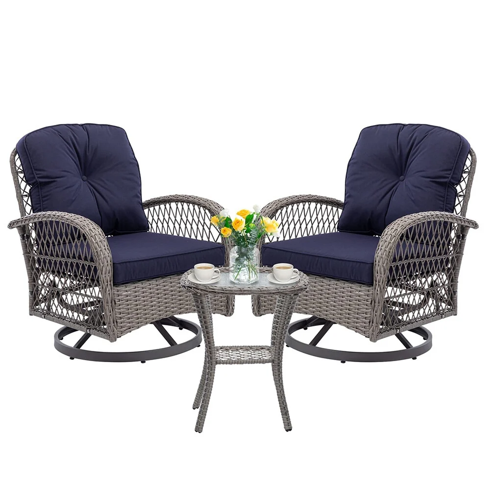 3 Pieces Outdoor Swivel Rocker Chairs, 360 Degree, Thickened Cushions & Glass Coffee Table