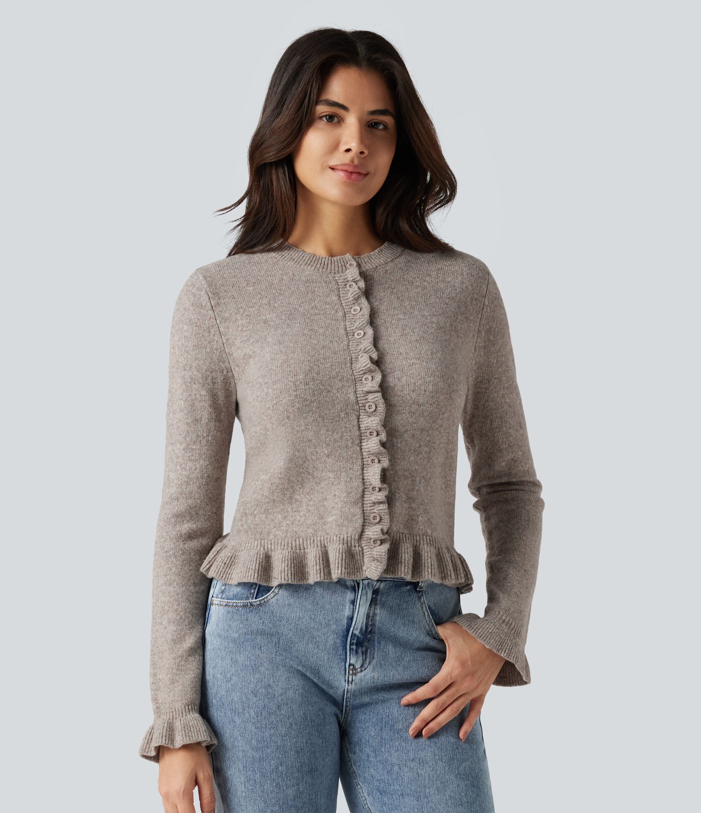 Cardigan de bureau en mélange de laine à encolure arrondie, volants et manches longues