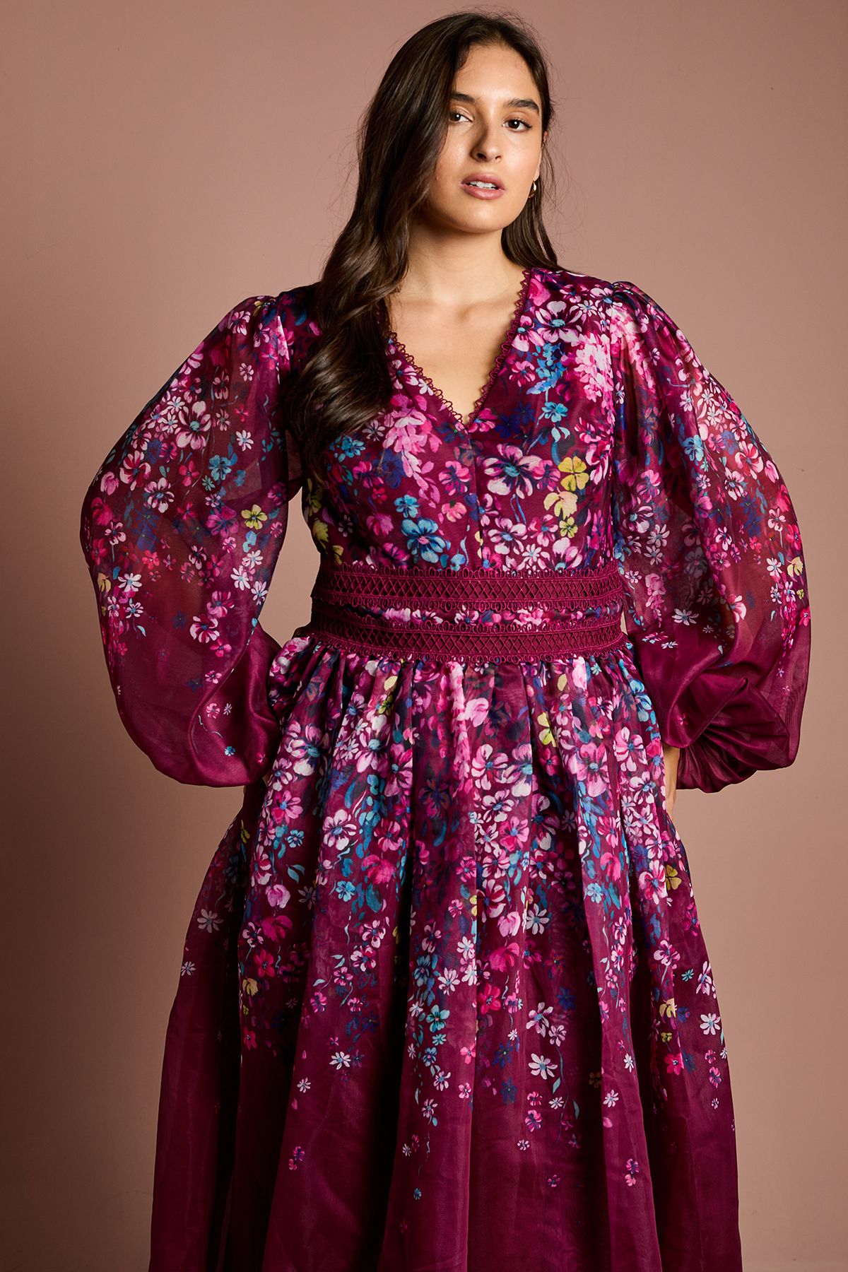 Coast Plus Size Organza Floral Placement Lace Trim Midaxi Dress