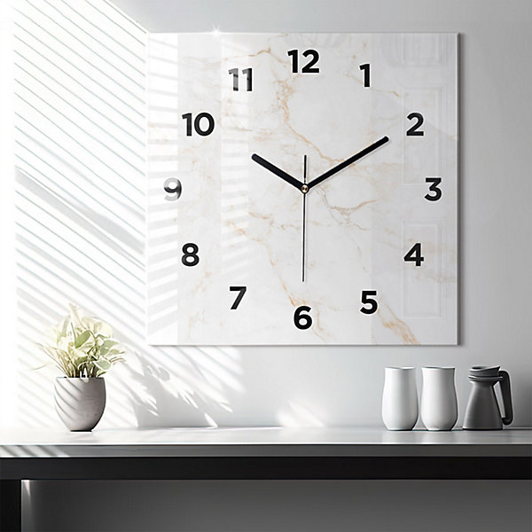 Horloge murale Wallfluent 60x60 cm Avec chiffres Aiguilles noires Marbre élégant 1 pcs