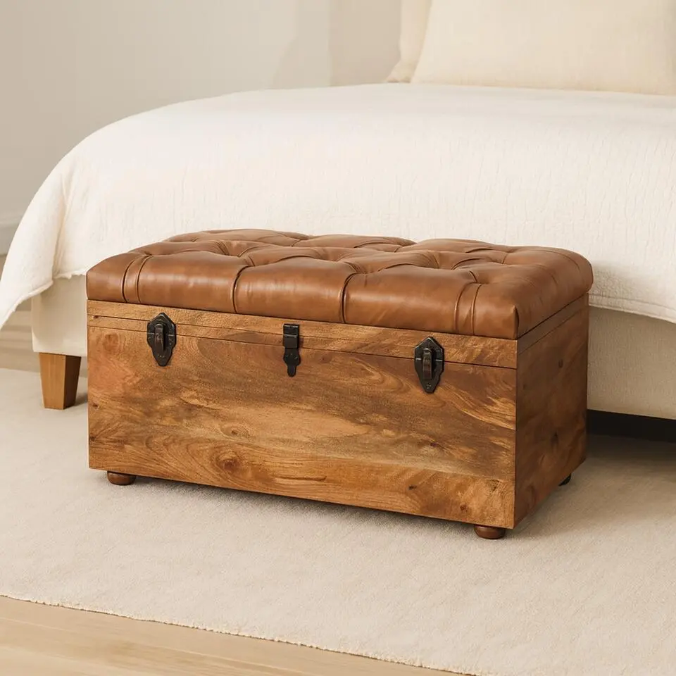 Buffel leren eikenachtige opbergkist, gestoffeerd, bruin