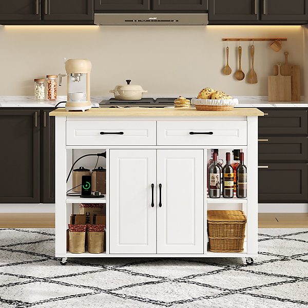 Îlot de Cuisine Buffet avec Roulettes - 2 Tiroirs, 2 Portes, Prises AC   USB, MDF, 120x77x93 cm - Blanc et Naturel