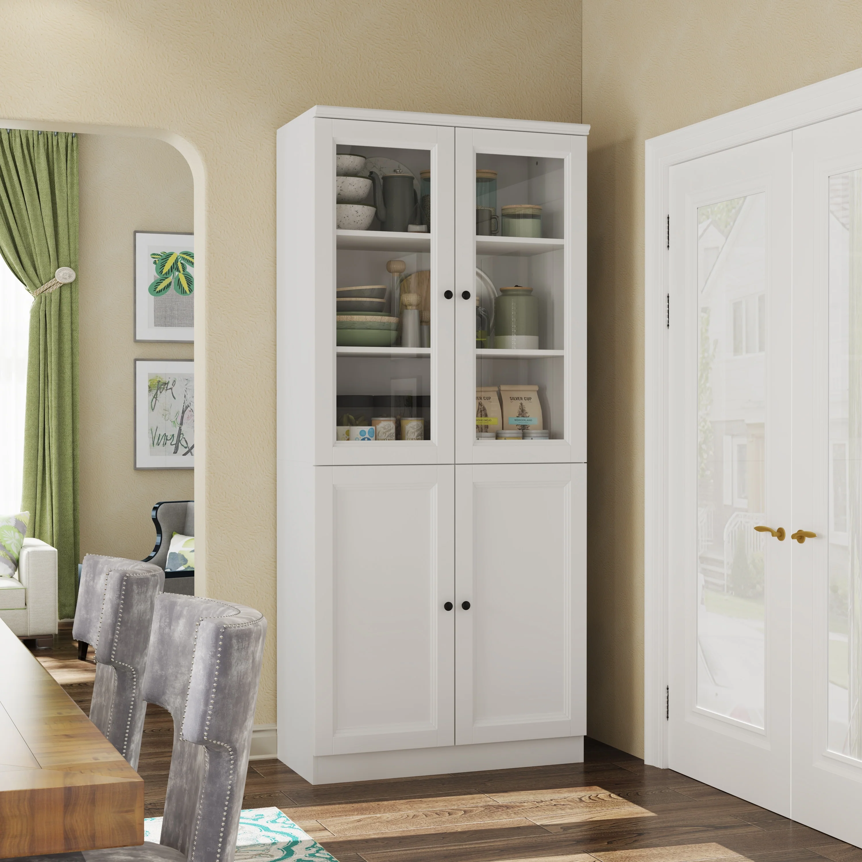 70.9 Large Combo Pantry Storage Buffet Display Cabinet W/Glass Doors