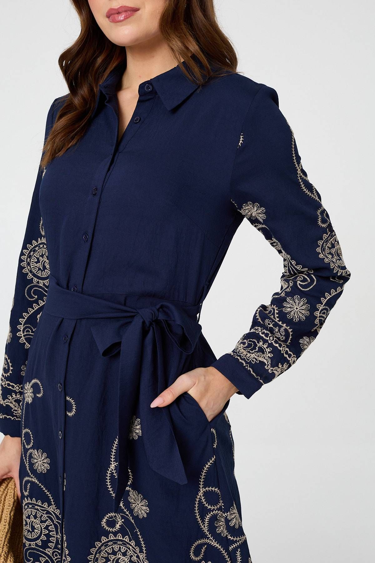Izabel London Embroidered Long Sleeve Shirt Midi Dress
