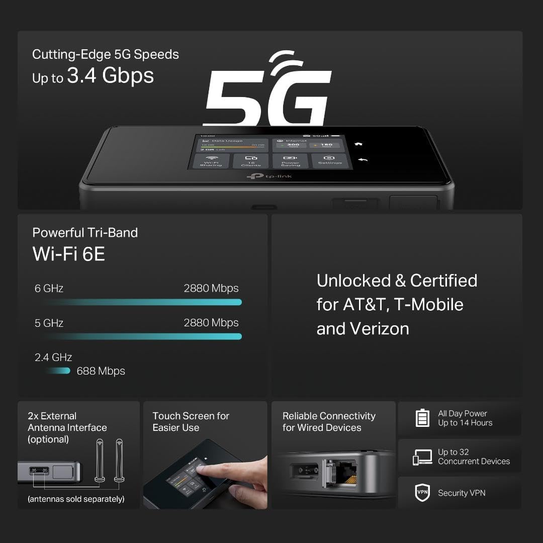 TP-Link 5G Mobile Hotspot M8550 | Tri-Band AXE3600 Wi-Fi 6E Portable Wi-Fi Router for Travel | Two-Modes in One | Support Up to 32 Devices | Nano SIM Card Slot | Support AT&T  T-Mobile  Verizon