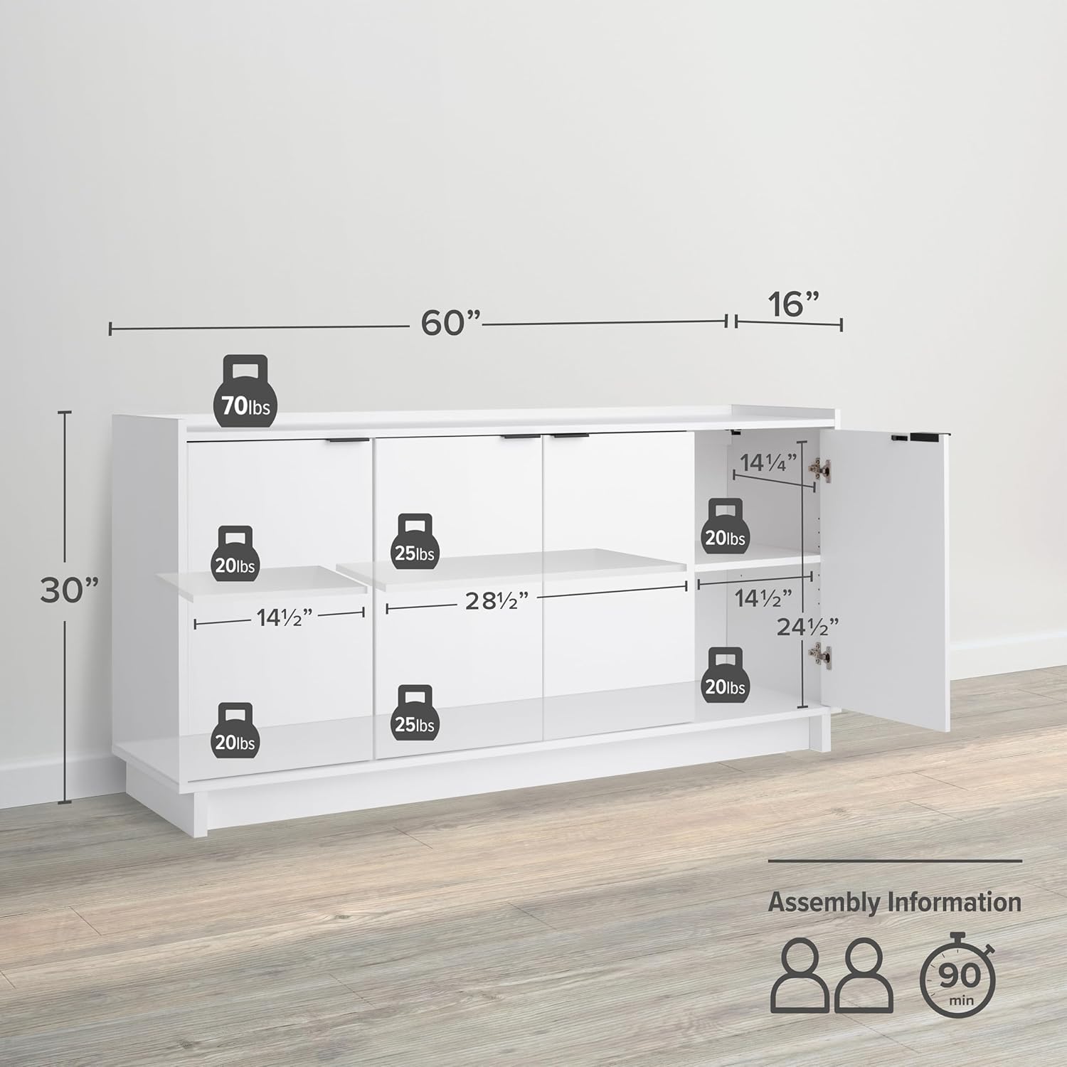 Prepac Simply Modern 4 Door Console Table with Storage, White Storage Cabinet with Doors and Shelves, Sideboard Storage Cabinet 60 W x 30 H x 16 D, WCBG-1820-1