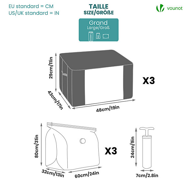 Lot de 7 sac de rangement sous vide Non Tisse XXL gris VOUNOT