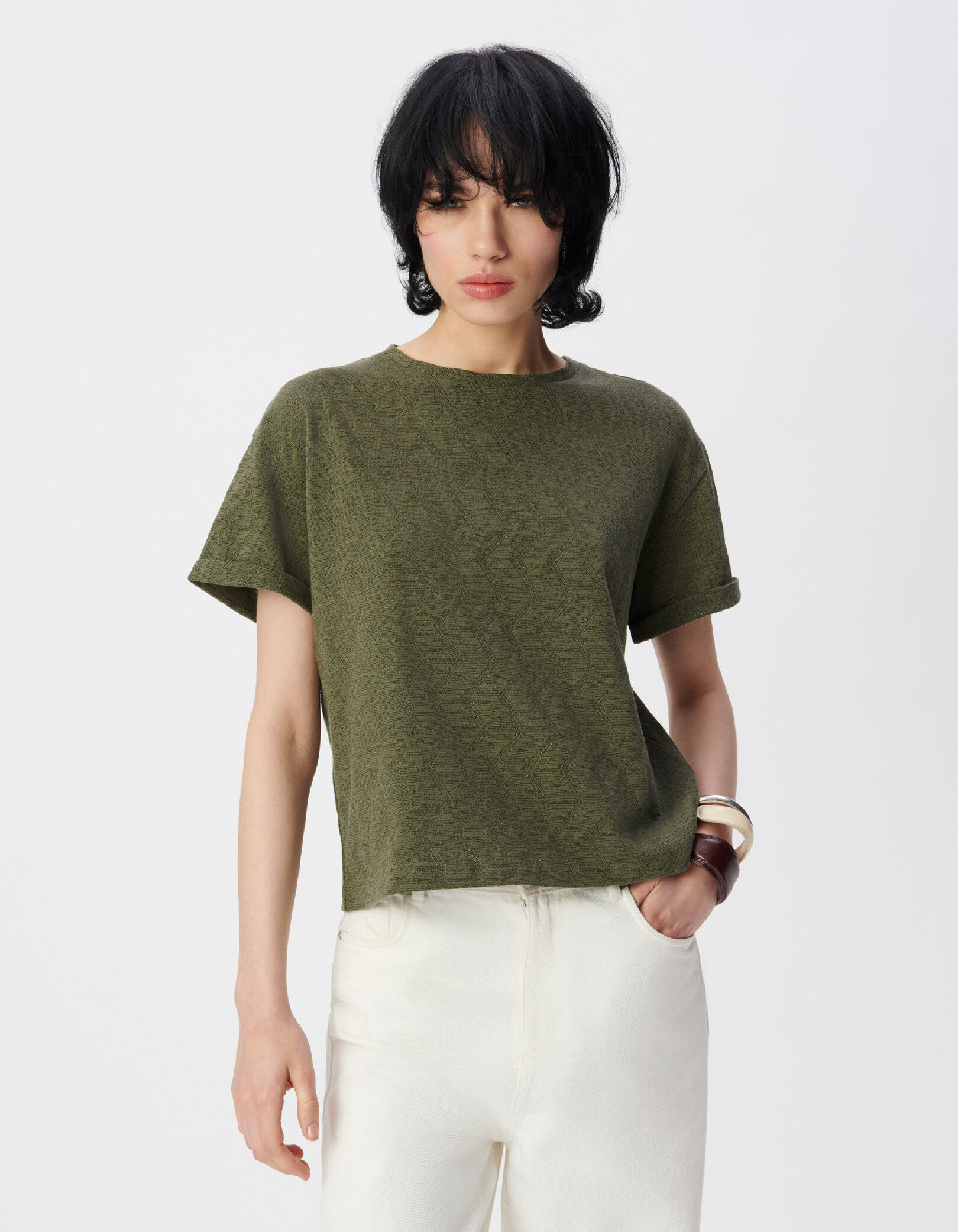 Tee-shirt manches courtes kaki jacquard fantaisie Femme