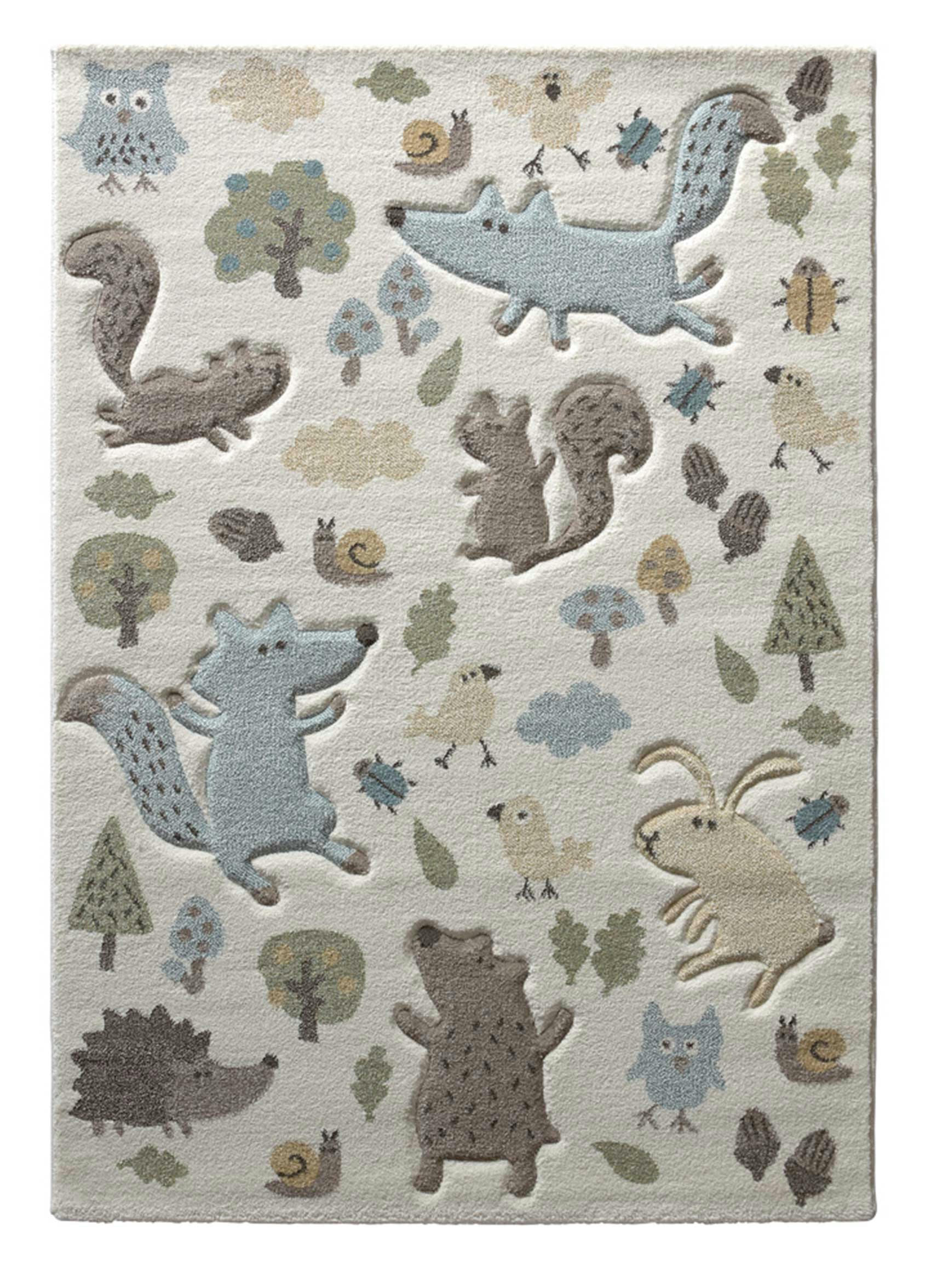 FOREST - Tapis enfant motif animaux forêt écru bleu 120x170