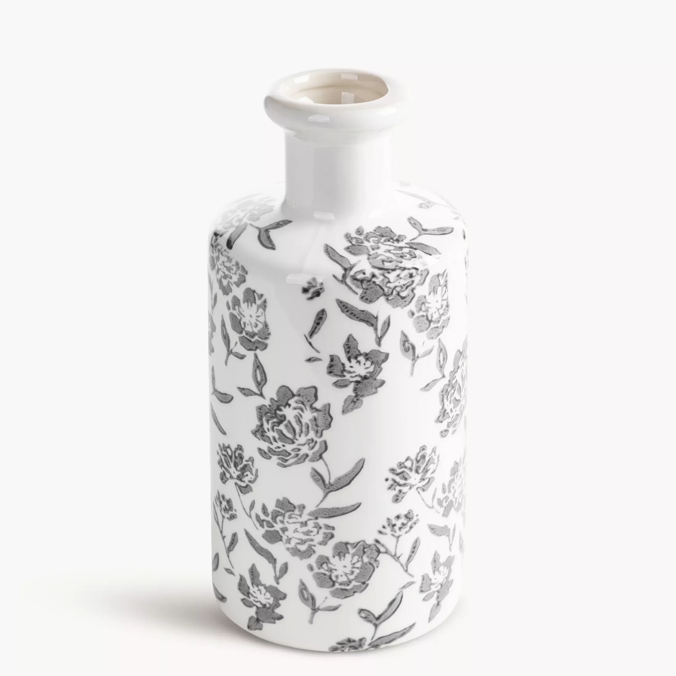 Wazon dekoracyjny biało, grafitowy zdobiony roślinnym motywem 11x25 cm VIVIAN