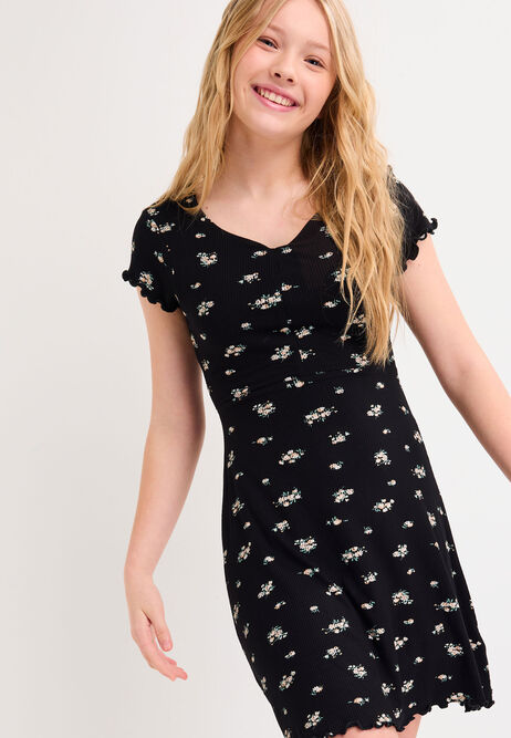 Older Girls Black Ribbed Floral Sweatheart Dress