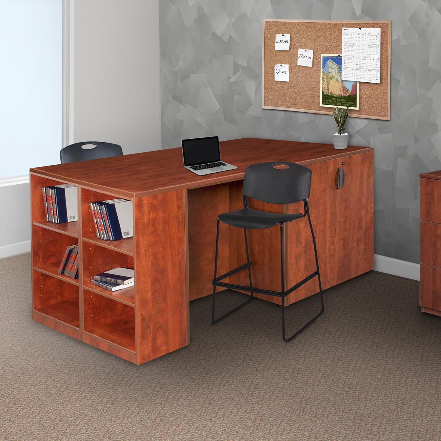 Regency Legacy Stand Up 2 Storage Cabinet/ 2 Desk Quad with Bookcase End- Cherry