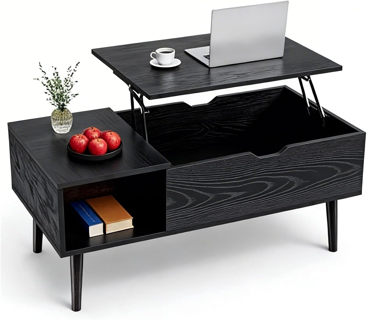 Lift Top Coffee Table, Mid Century Modern Storage Coffee Table, Center Table for Living Room with Hidden Storage and Open Shelving, Suitable for Living Room Tables, Black