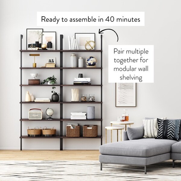 Nathan James Theo 6-Shelf Tall Bookcase, Wall Mount Bookshelf Wood with Metal Frame