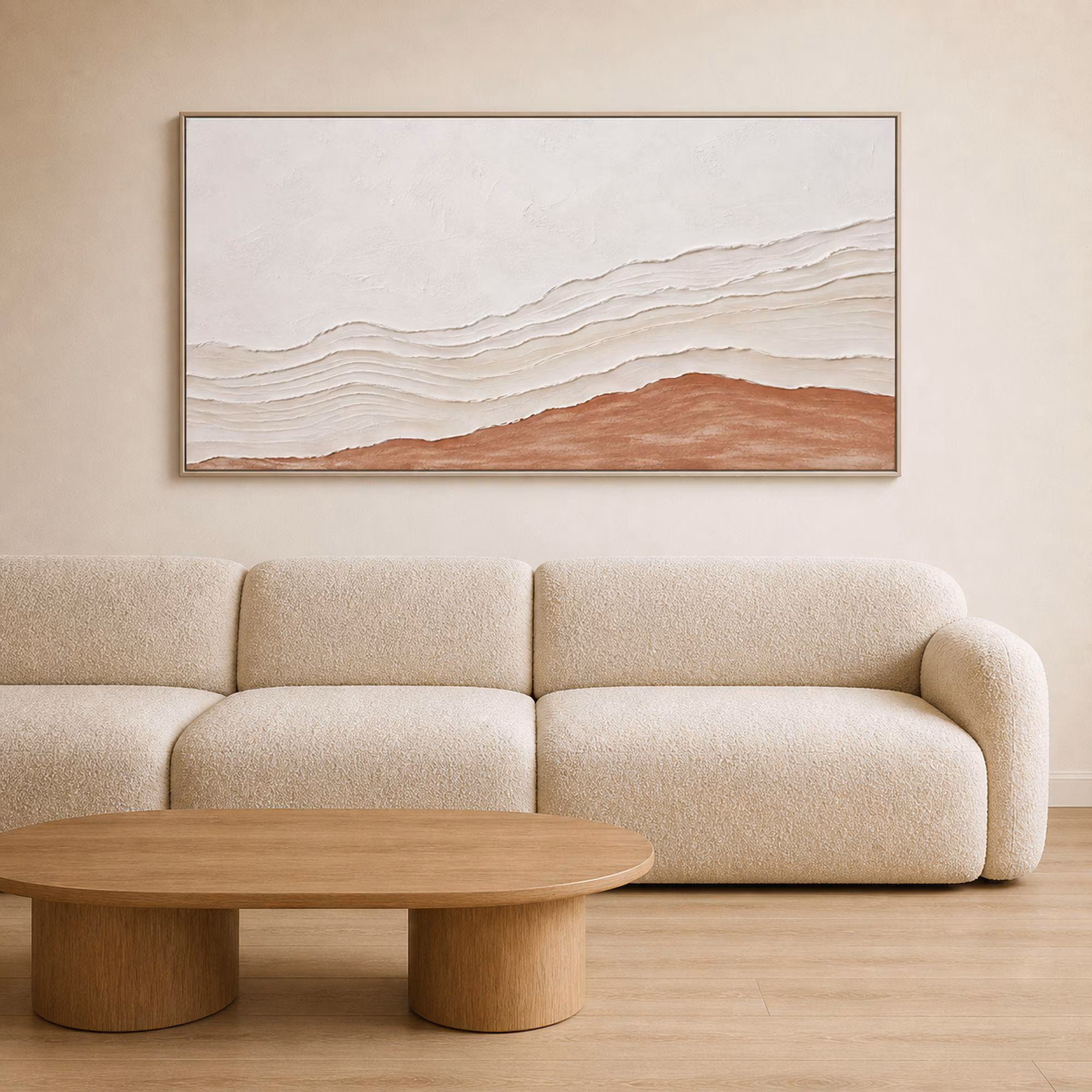 Terracotta Horizon Abstract Art, Ivory Layered Waves, Panoramic Neutral Decor