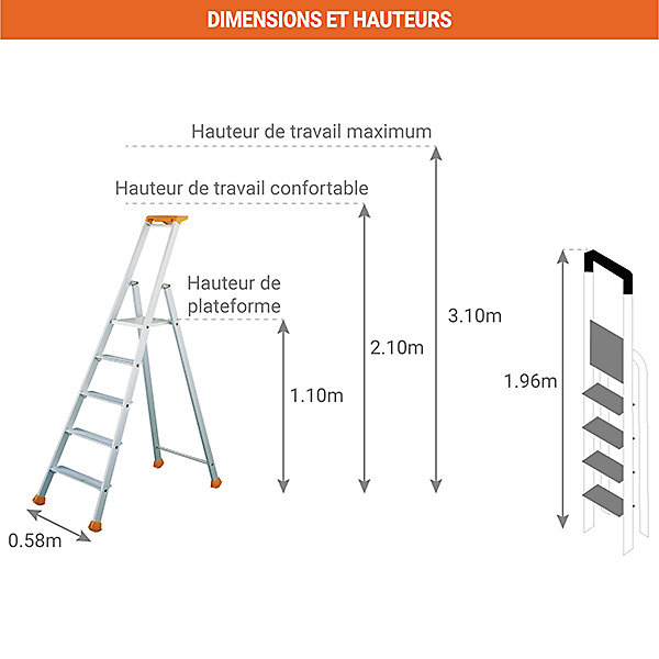 Escabeau 5 marches - Hauteur de travail max. 3,10m - 2370005