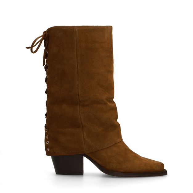 Cognac suède enkellaarsjes met flap